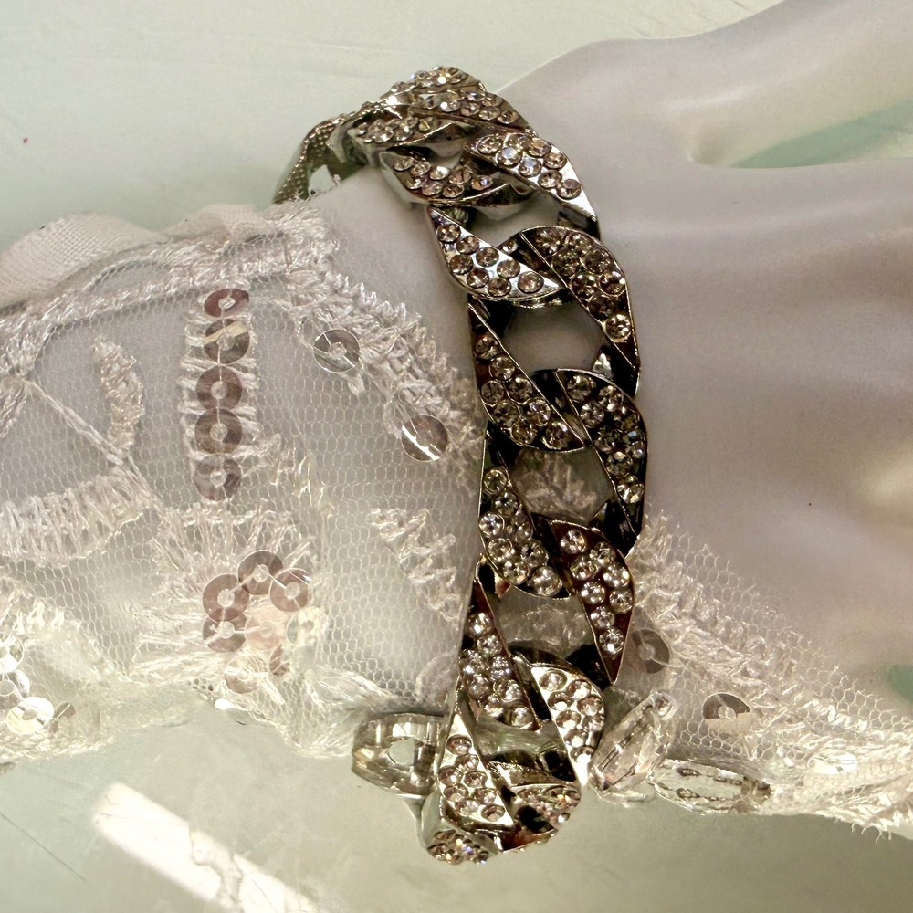 Chunky Rhinestone Curb Link‎ Bracelet Silver Tone Statement Cuban Crystal 7"